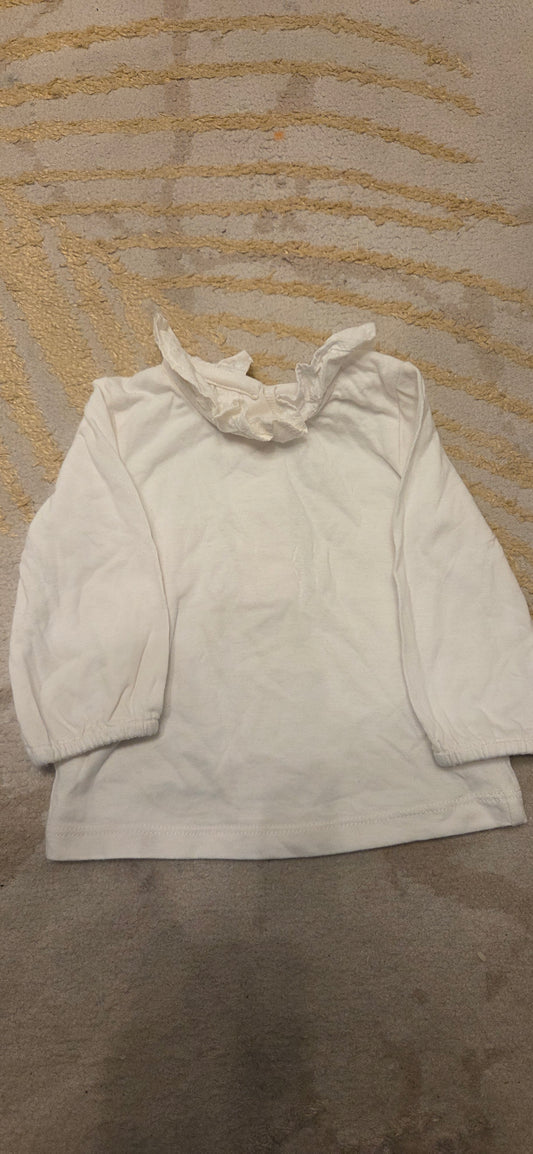 White Longsleeve with Frilly Neck T-Shirt 0-3 Months